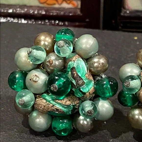 Japan Vintage Glass and Acrylic Cluster Earrings with Green Beads - Picture 2 of 7